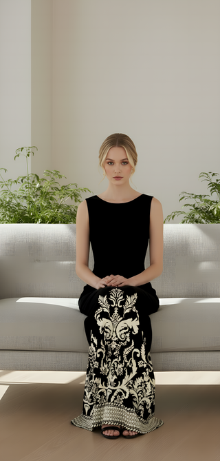 Timeless Elegance: Black & White Baroque Print Maxi Dress