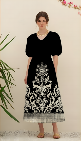 Timeless Elegance: Black & White Baroque Print Maxi Dress