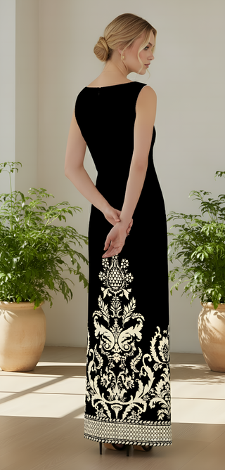 Timeless Elegance: Black & White Baroque Print Maxi Dress