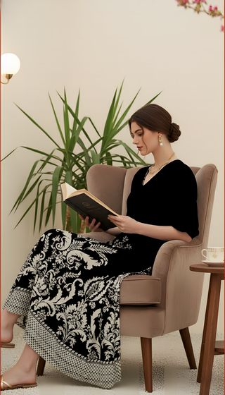 Timeless Elegance: Black & White Baroque Print Maxi Dress