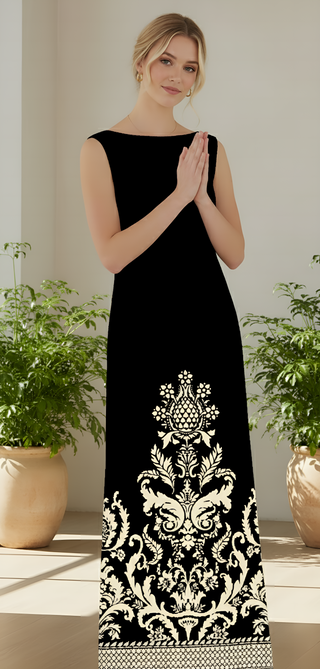 Timeless Elegance: Black & White Baroque Print Maxi Dress